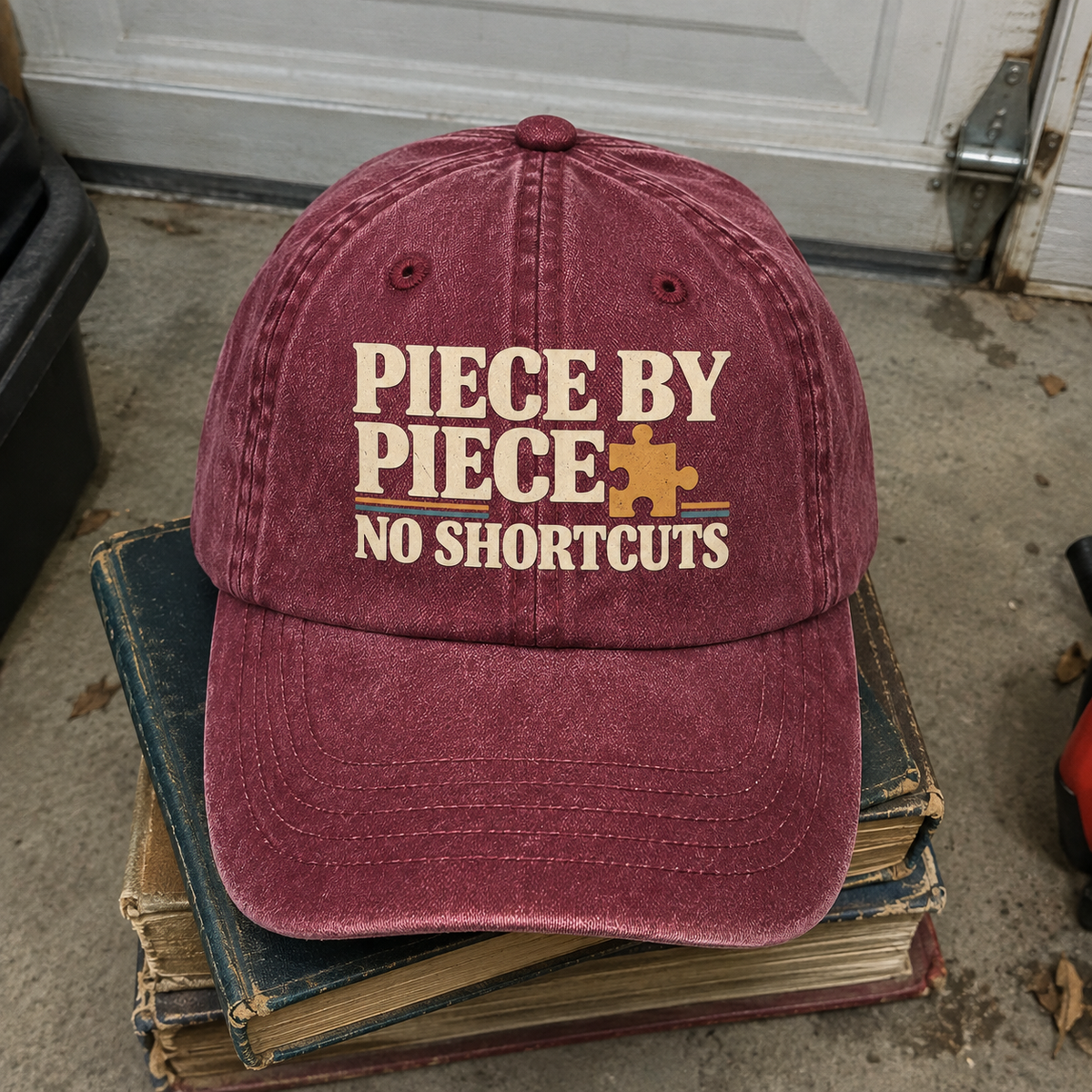 Burgundy vintage washed cap printed with Piece By Piece No Shortcuts slogan front view