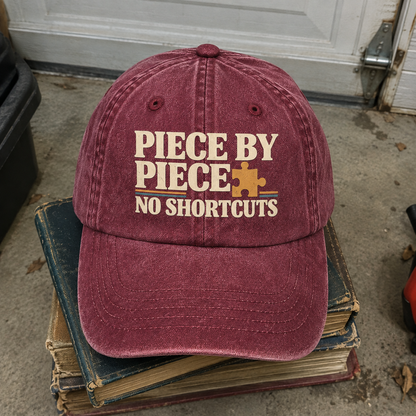 Burgundy vintage washed cap printed with Piece By Piece No Shortcuts slogan front view