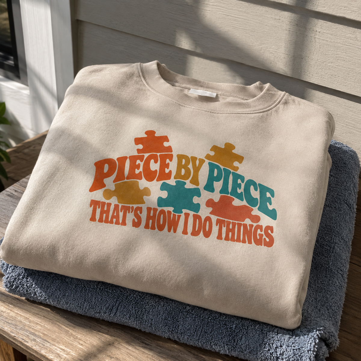 Cream vintage sweatshirt with colorful puzzle pieces and “Piece By Piece” printed design, hero view