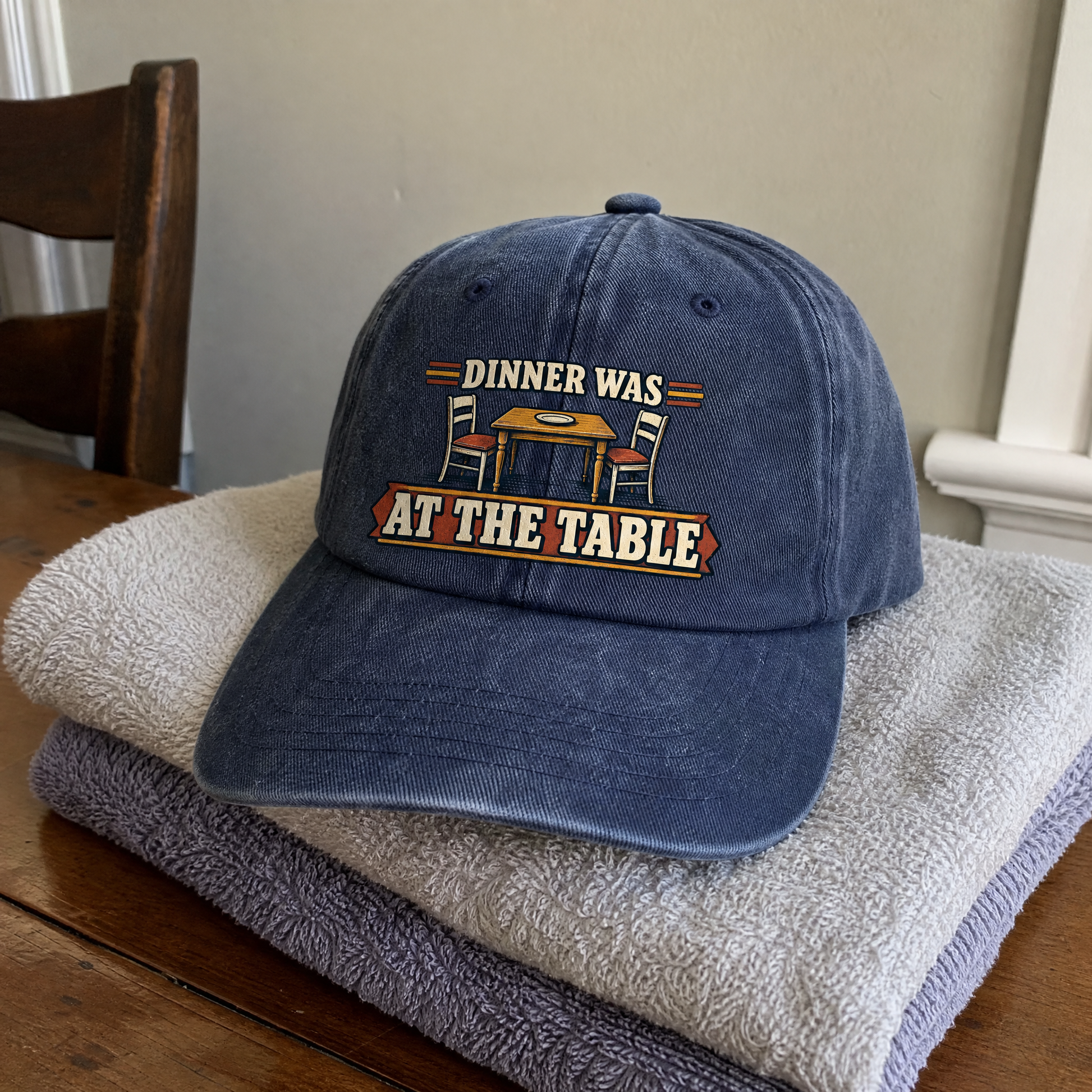 Navy vintage washed cap featuring printed “Dinner Was At The Table” table design.