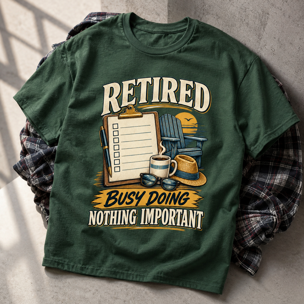 Green vintage t-shirt with printed Retired Busy Doing Nothing Important slogan and retirement design