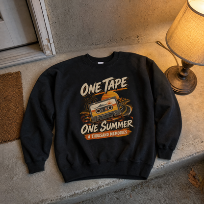 Black vintage sweatshirt with printed One Tape One Summer A Thousand Memories design, front view