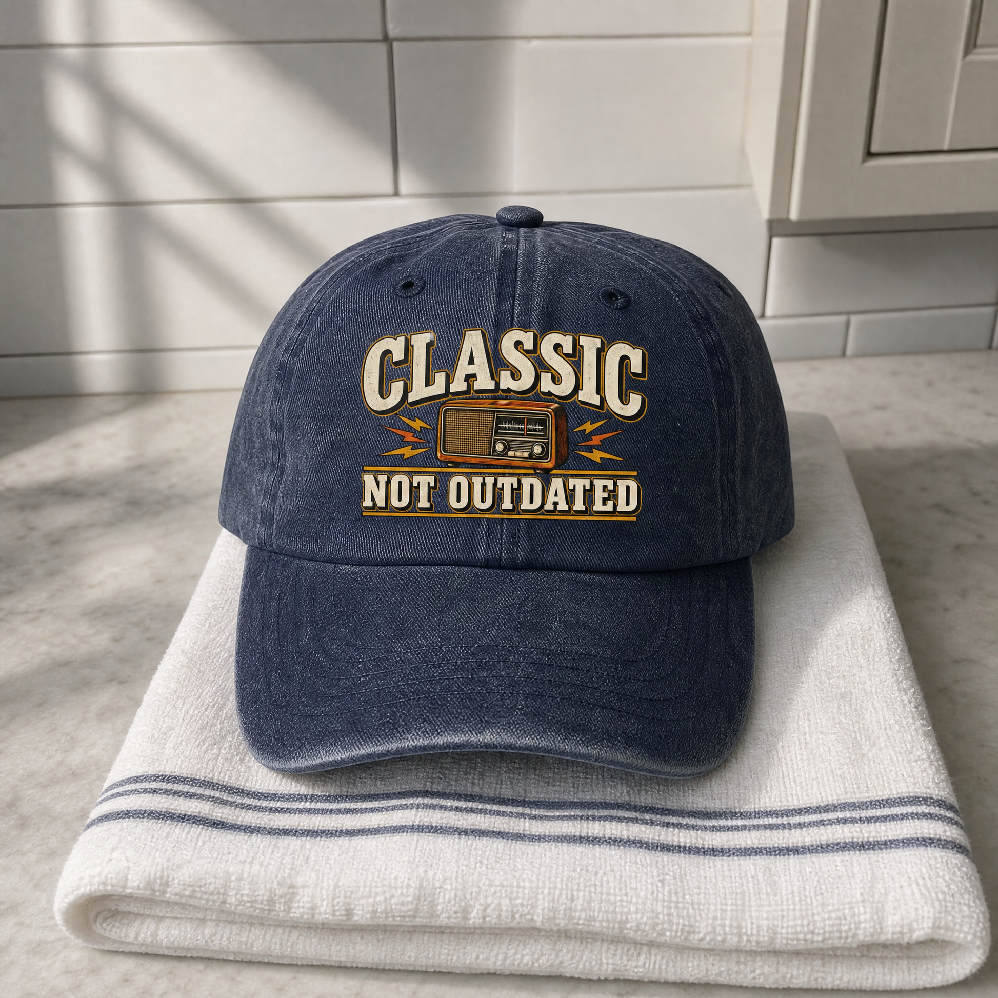 Vintage washed cap with printed “44 classic not outdated” design, hero view