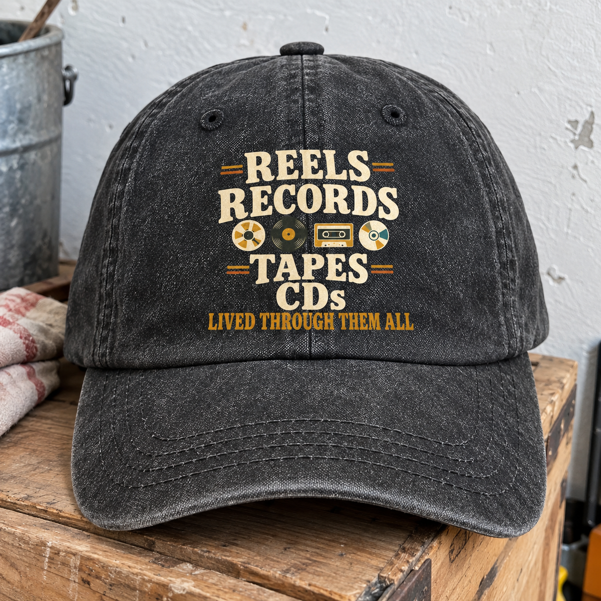 Black vintage washed cap with printed Reels Records Tapes CDs Lived Through Them All design