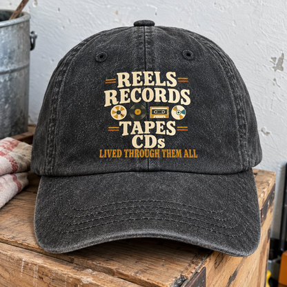 Black vintage washed cap with printed Reels Records Tapes CDs Lived Through Them All design