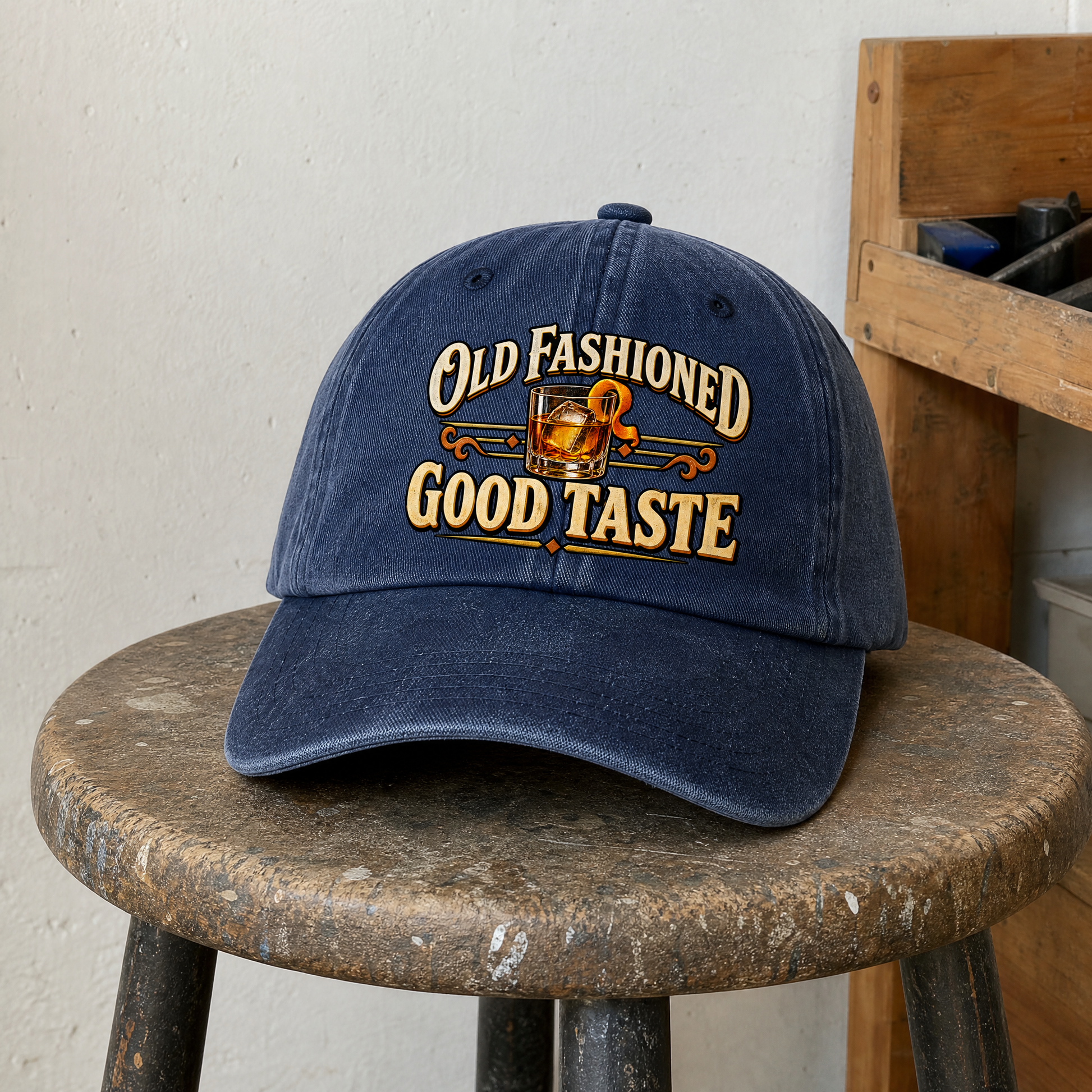 Navy vintage washed cap with printed Old Fashioned Good Taste whiskey design, front hero view