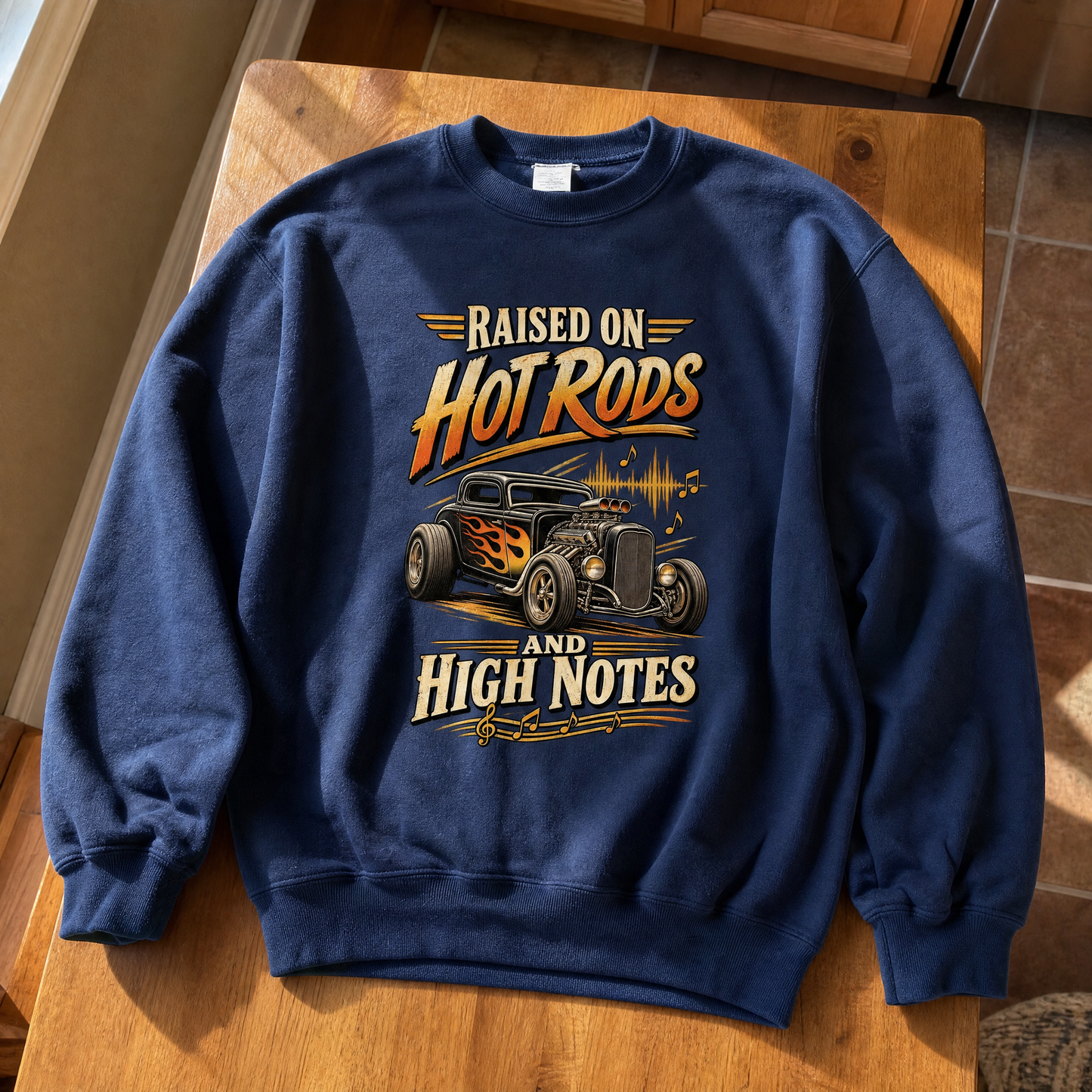 36 Hot Rods and High Notes printed vintage sweatshirt, front hero view with graphic design