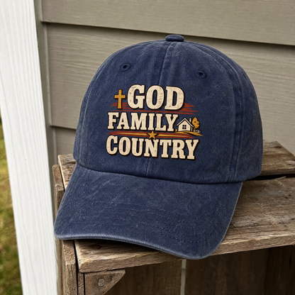Vintage washed cap with printed God Family Country slogan design