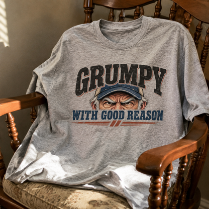 Gray vintage t-shirt with printed Grumpy With Good Reason slogan and angry older man design