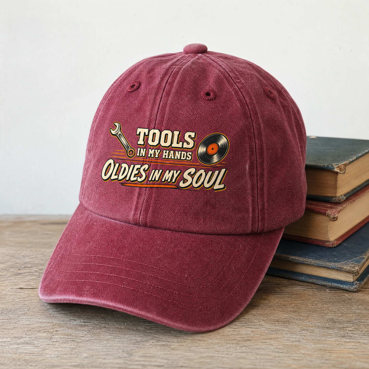 Vintage washed cap with printed Autumn Sensory Play design for seasonal style
