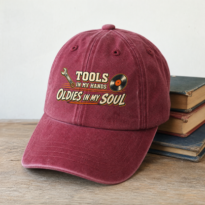Vintage washed cap with printed Autumn Sensory Play design for seasonal style