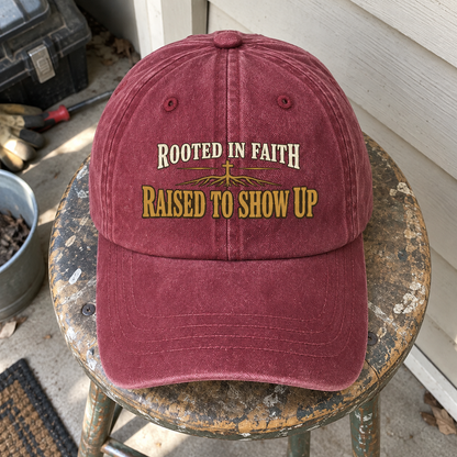 Burgundy vintage washed cap with printed Rooted In Faith Raised To Show Up design