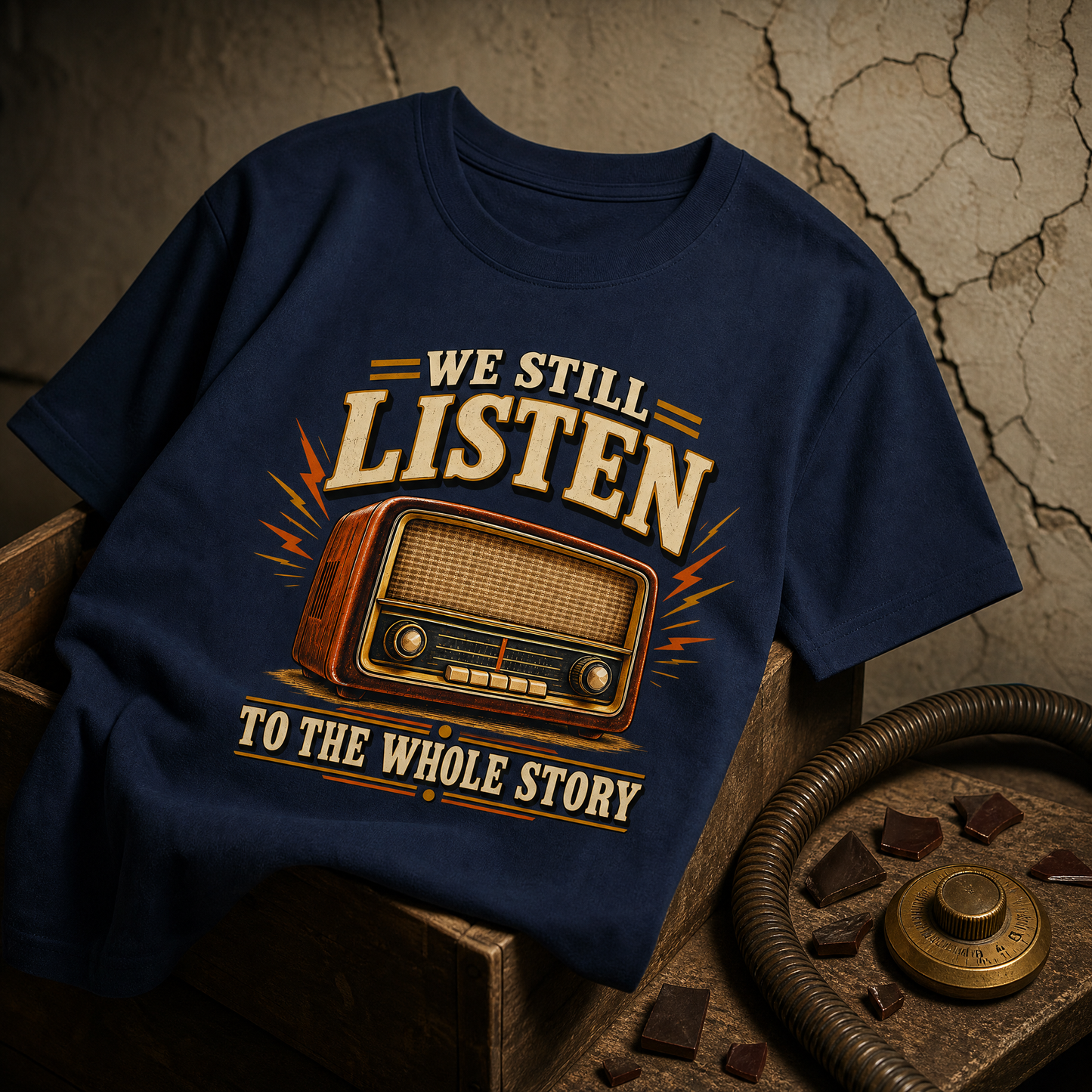 Navy vintage t-shirt with printed “We Still Listen To The Whole Story” radio design, hero view.