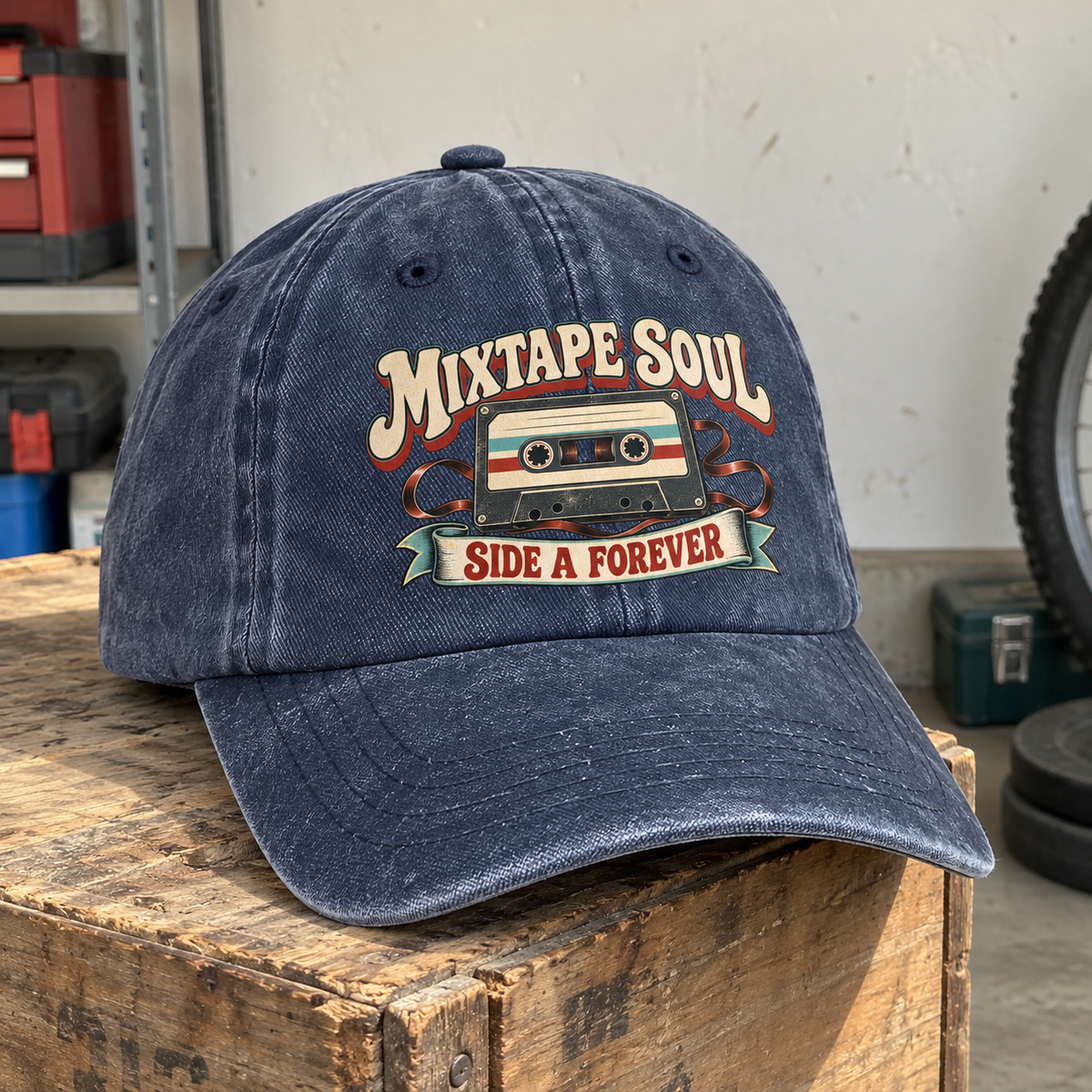 Navy vintage washed cap with printed cassette and Mixtape Soul Side A Forever slogan