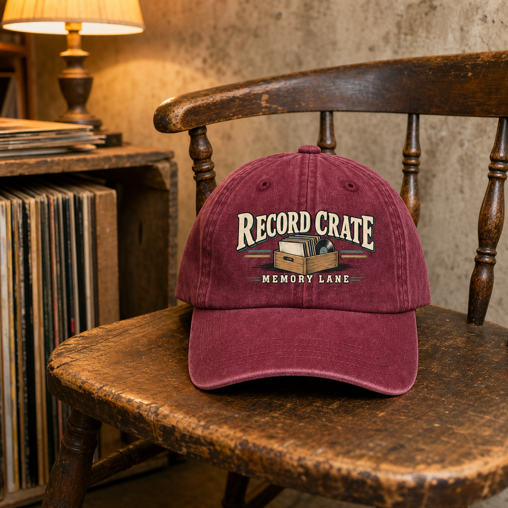 Burgundy vintage washed cap featuring printed Record Crate Memory Lane design, front hero view.