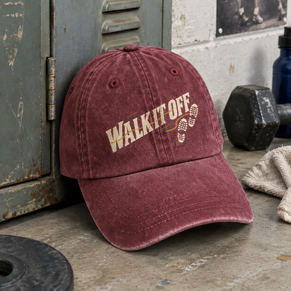 Burgundy vintage washed cap with printed Walk It Off slogan and boot print design, hero view