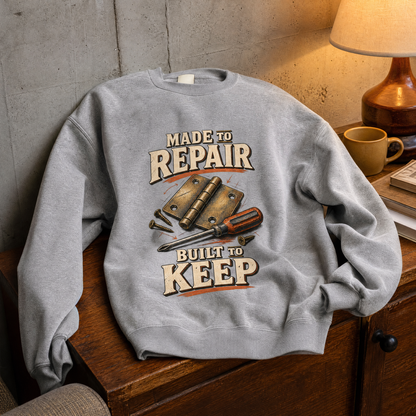 Gray vintage sweatshirt with printed “Made to Repair. Built to Keep” slogan and repair tools.