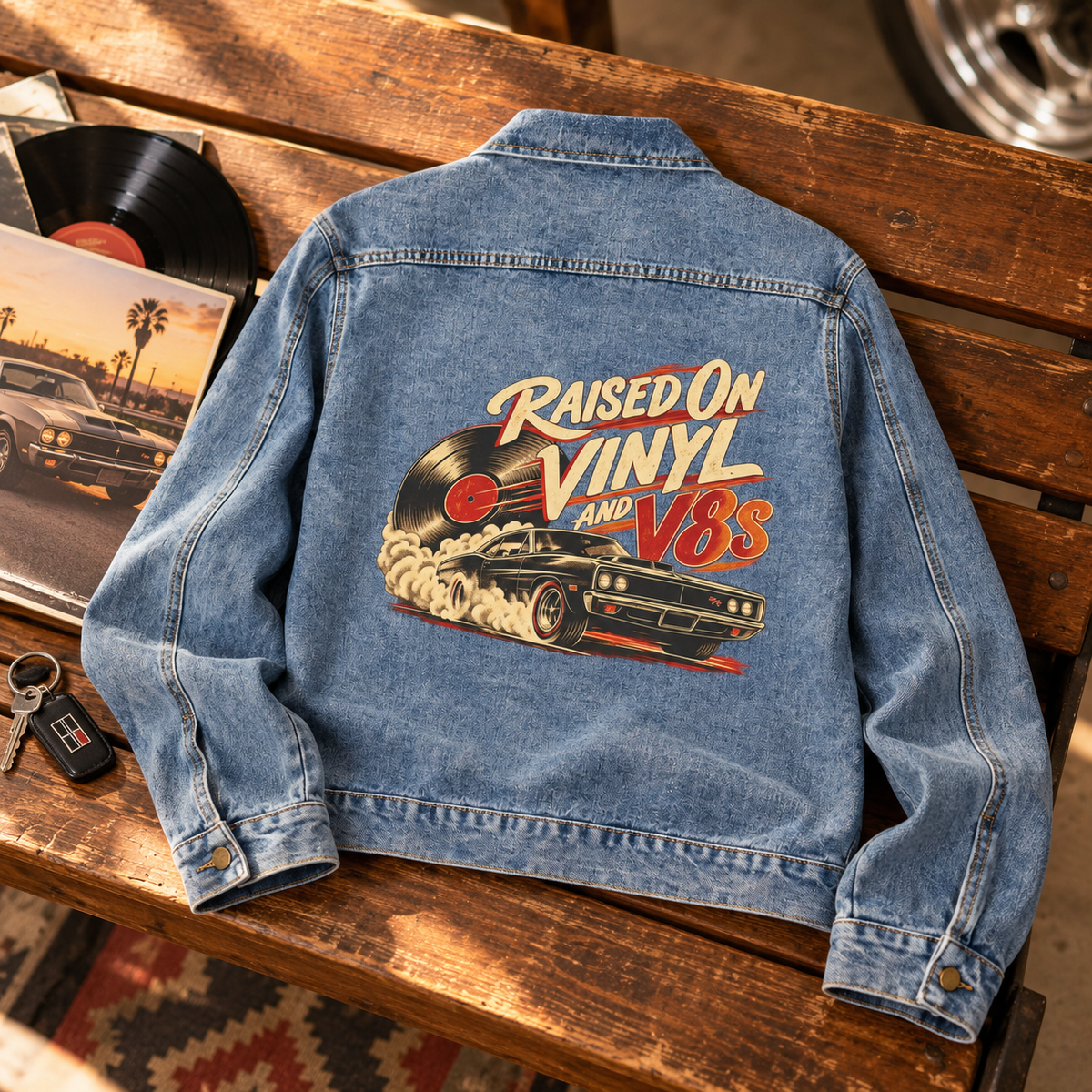 Denim jacket laid on a wooden bench showing Raised on Vinyl and V8s printed back design