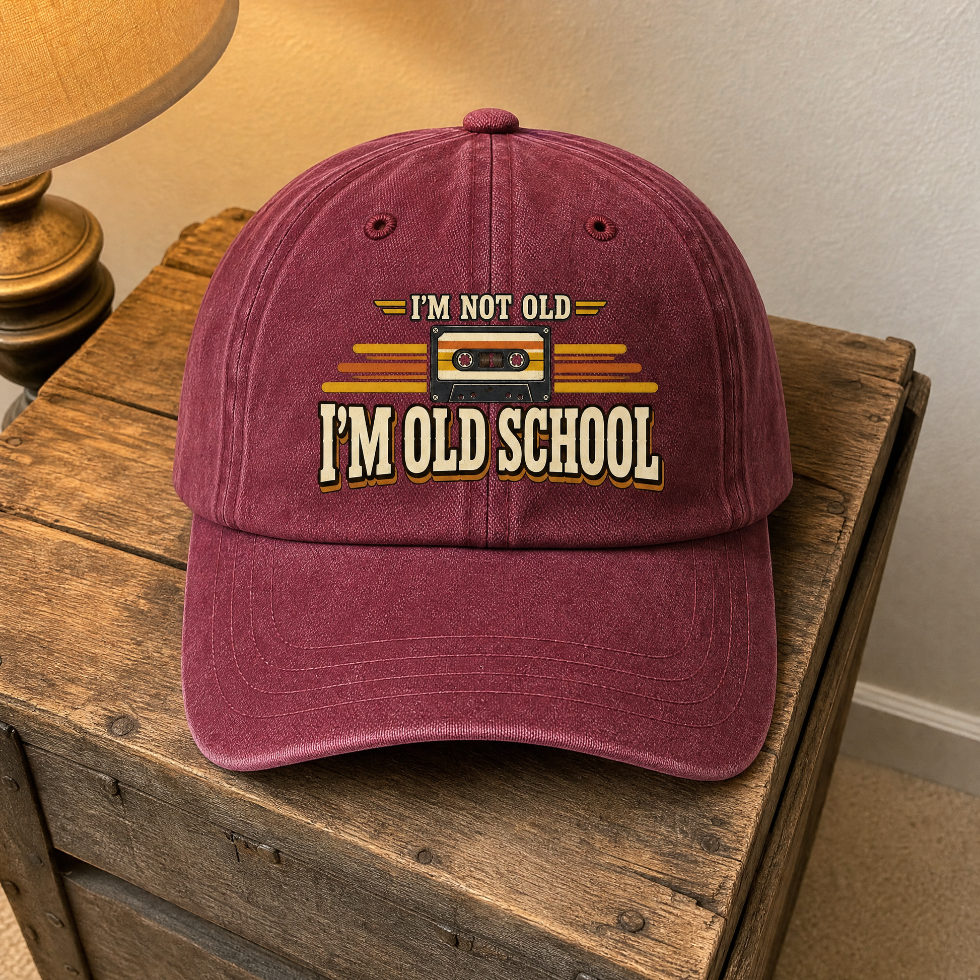 Vintage washed cap with printed “41 i m old school” design, hero view