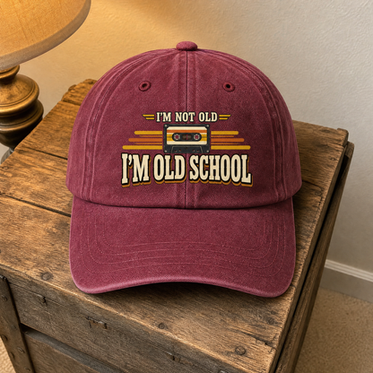 Vintage washed cap with printed “41 i m old school” design, hero view