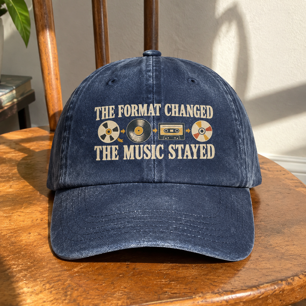Navy vintage washed cap with printed The Format Changed The Music Stayed music design, front view