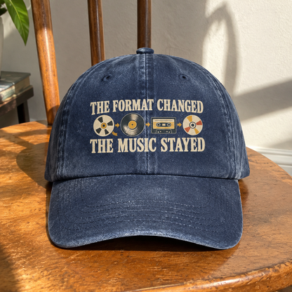 Navy vintage washed cap with printed The Format Changed The Music Stayed music design, front view
