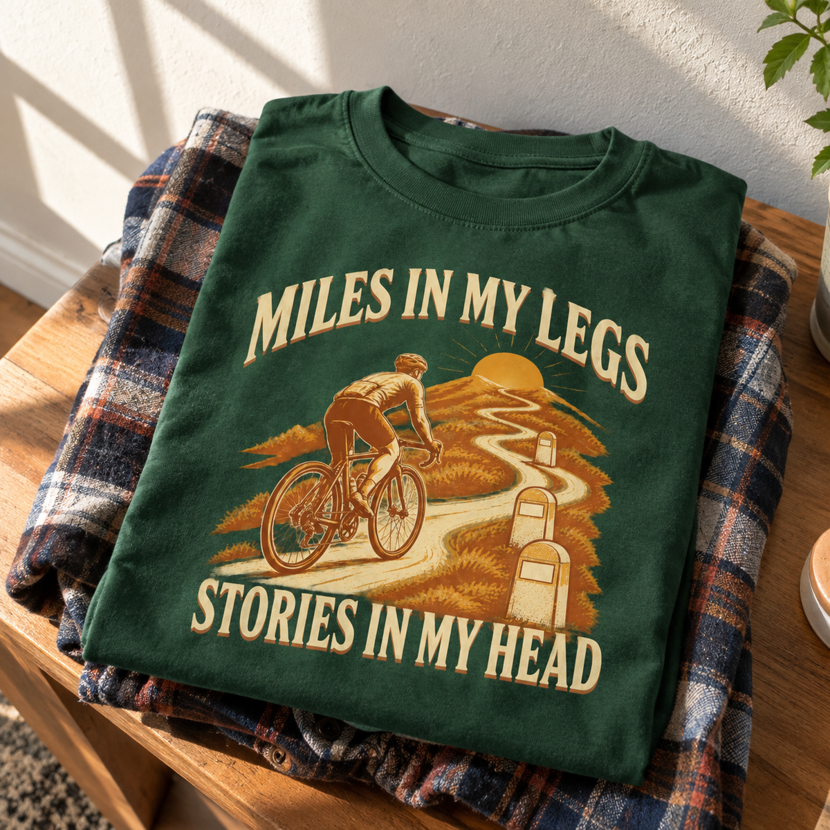 Green vintage t-shirt with Miles In My Legs Stories In My Head printed design