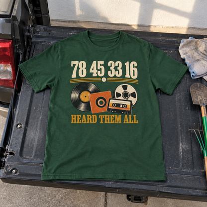 Green vintage t-shirt with 78 45 3316 Heard Them All printed design, front hero view