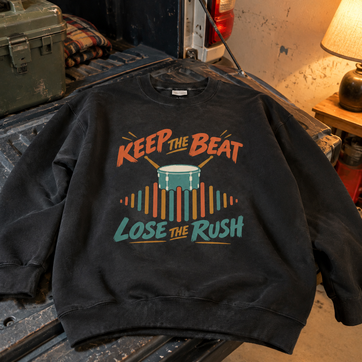Black vintage sweatshirt with printed “Keep The Beat. Lose The Rush” drum design, front view