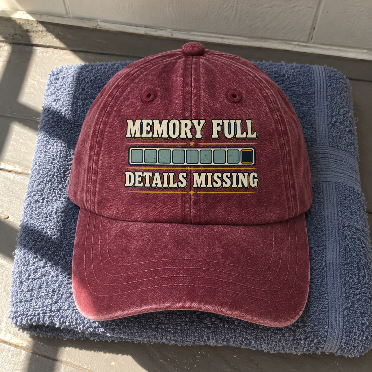 Burgundy vintage washed cap with printed Memory Full Details Missing slogan on blue towel