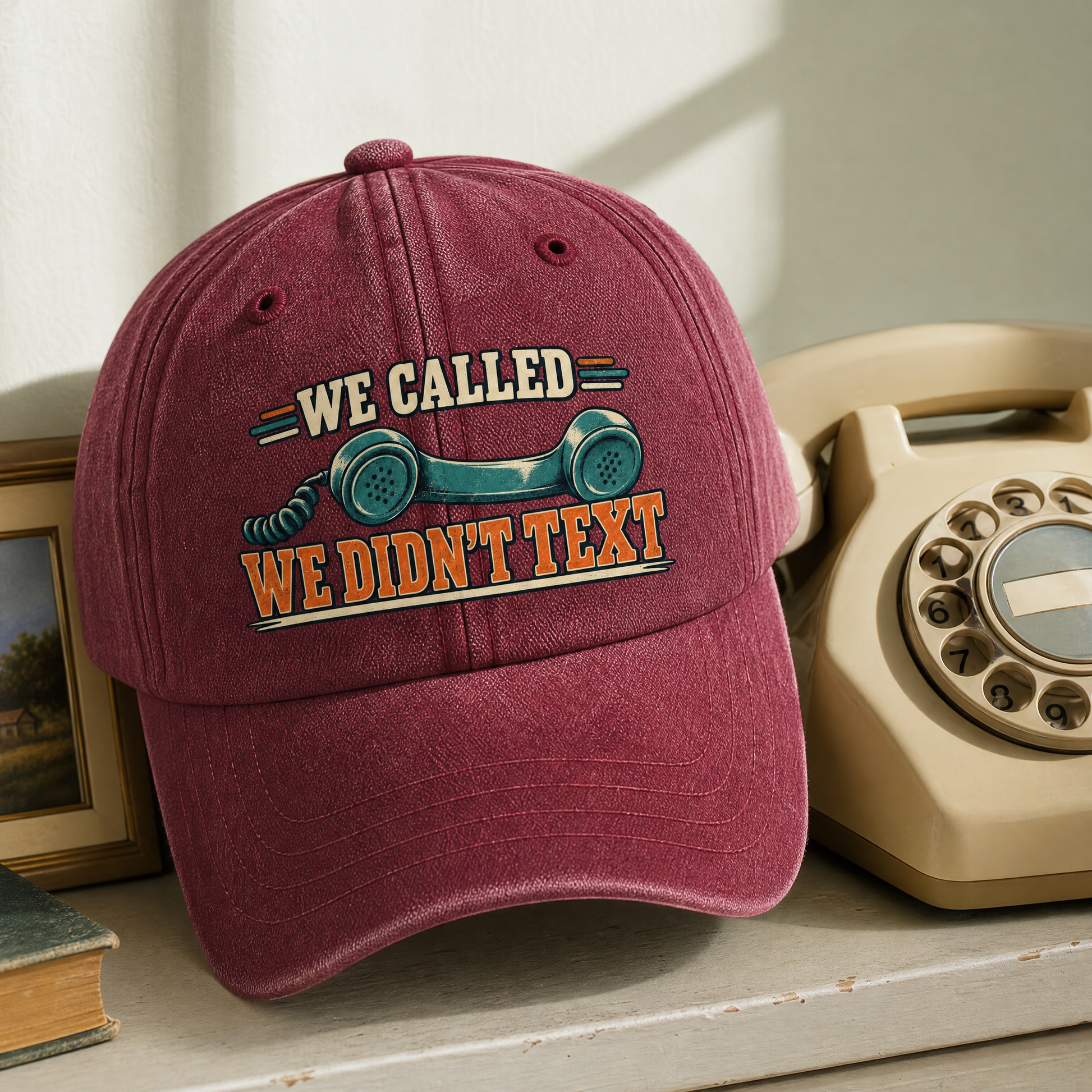 Maroon vintage washed cap with printed We Called. We Didn't Text slogan design