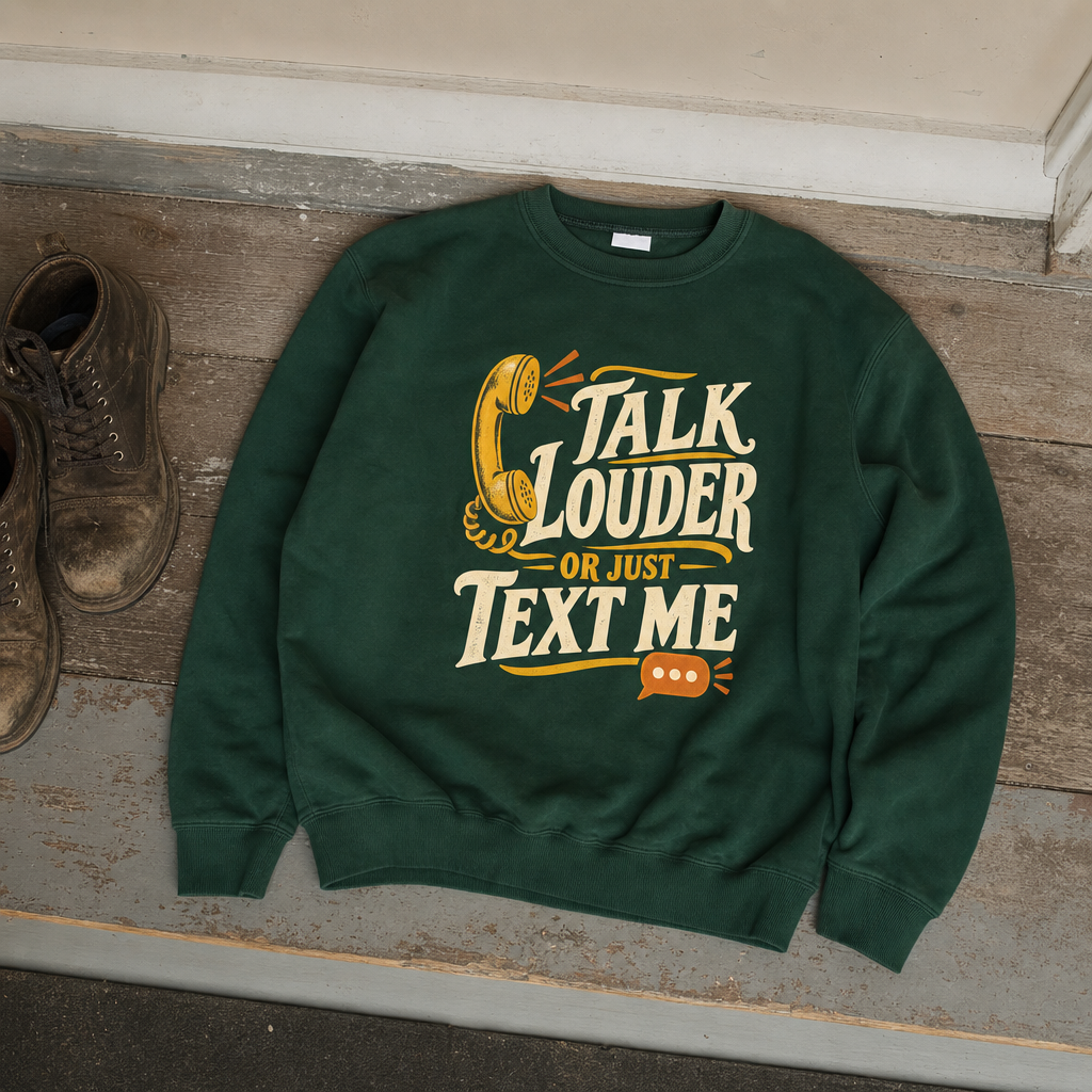 Green vintage sweatshirt with printed “Talk Louder Or Just Text Me” slogan, flat lay.