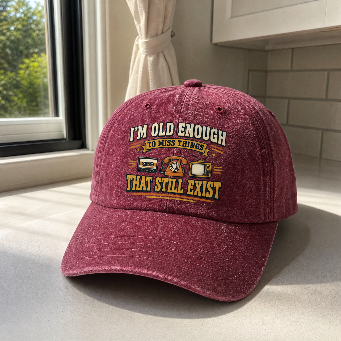 Vintage washed cap with printed “42 miss things that still exist” design, hero view