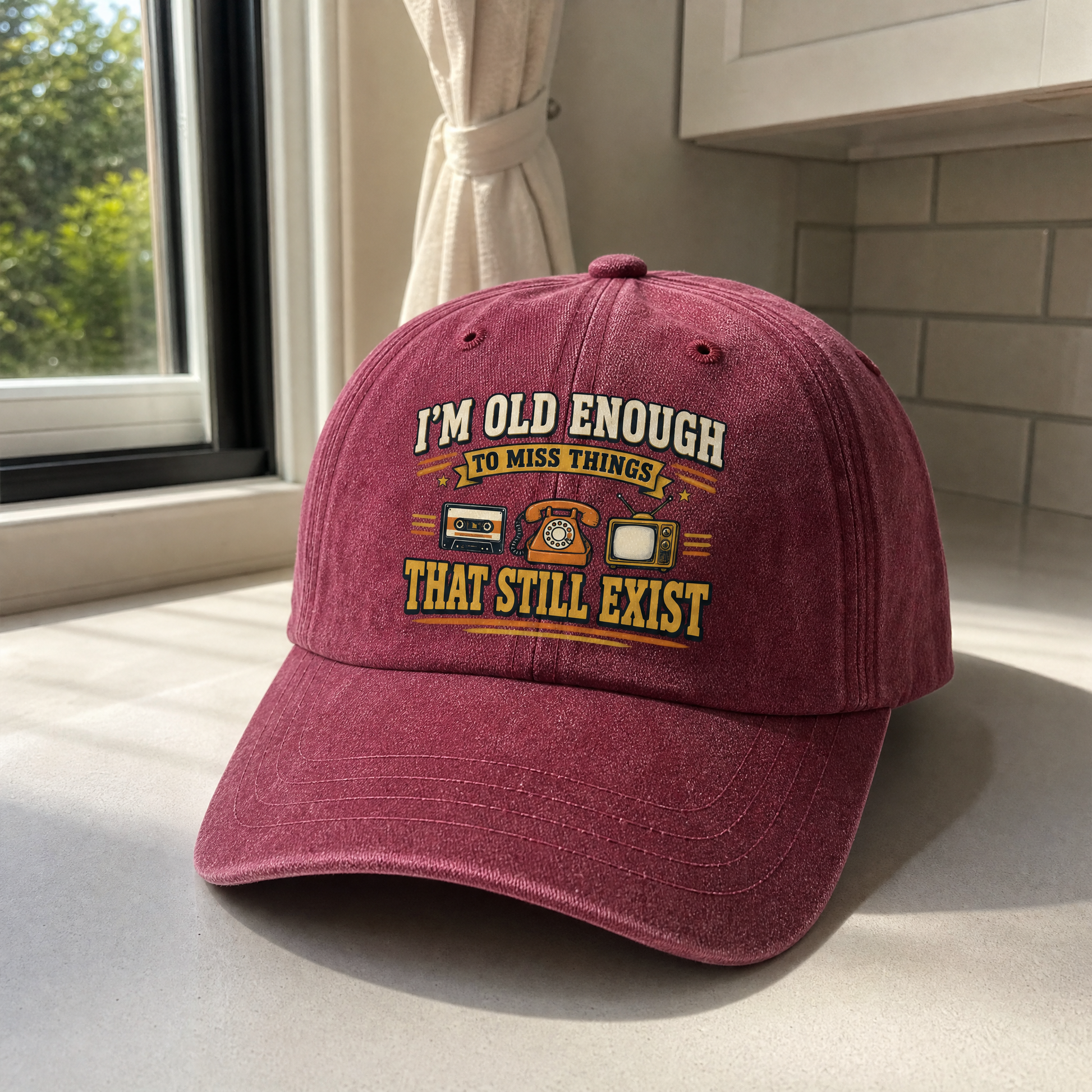 Vintage washed cap with printed “42 miss things that still exist” design, hero view