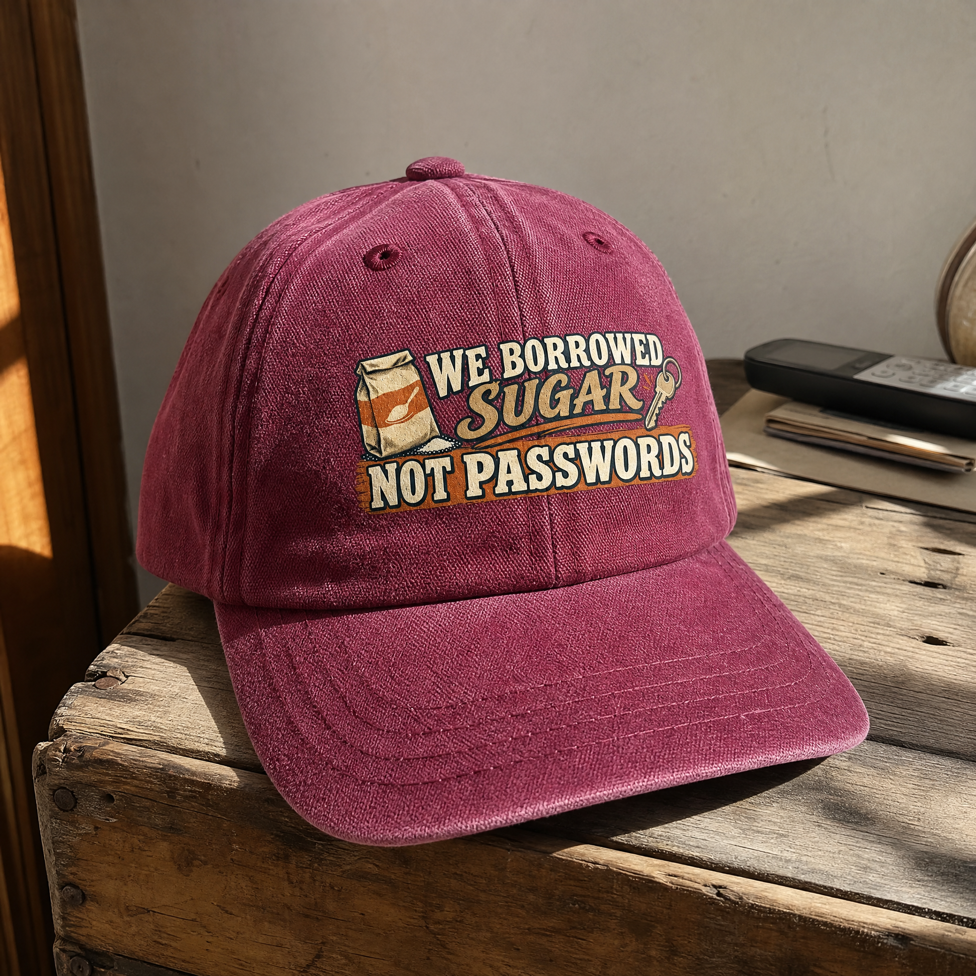 Pink vintage washed cap featuring printed We Borrowed Sugar. Not Passwords slogan, hero view.