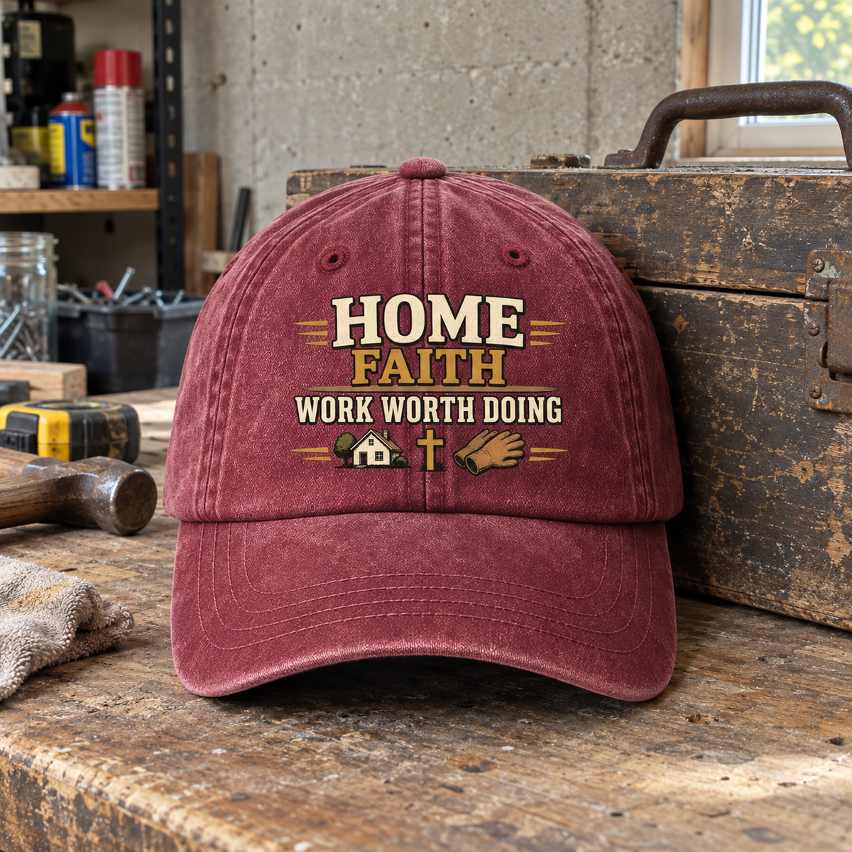 Burgundy vintage washed cap with printed Home Faith Work Worth Doing slogan on workbench