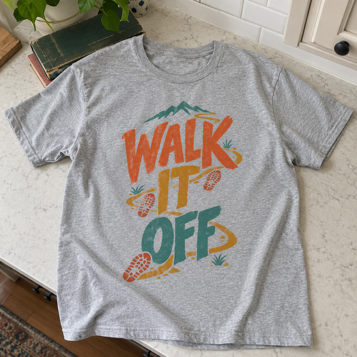 Gray vintage t-shirt with printed Walk It Off mountain and hiking boot design, top view