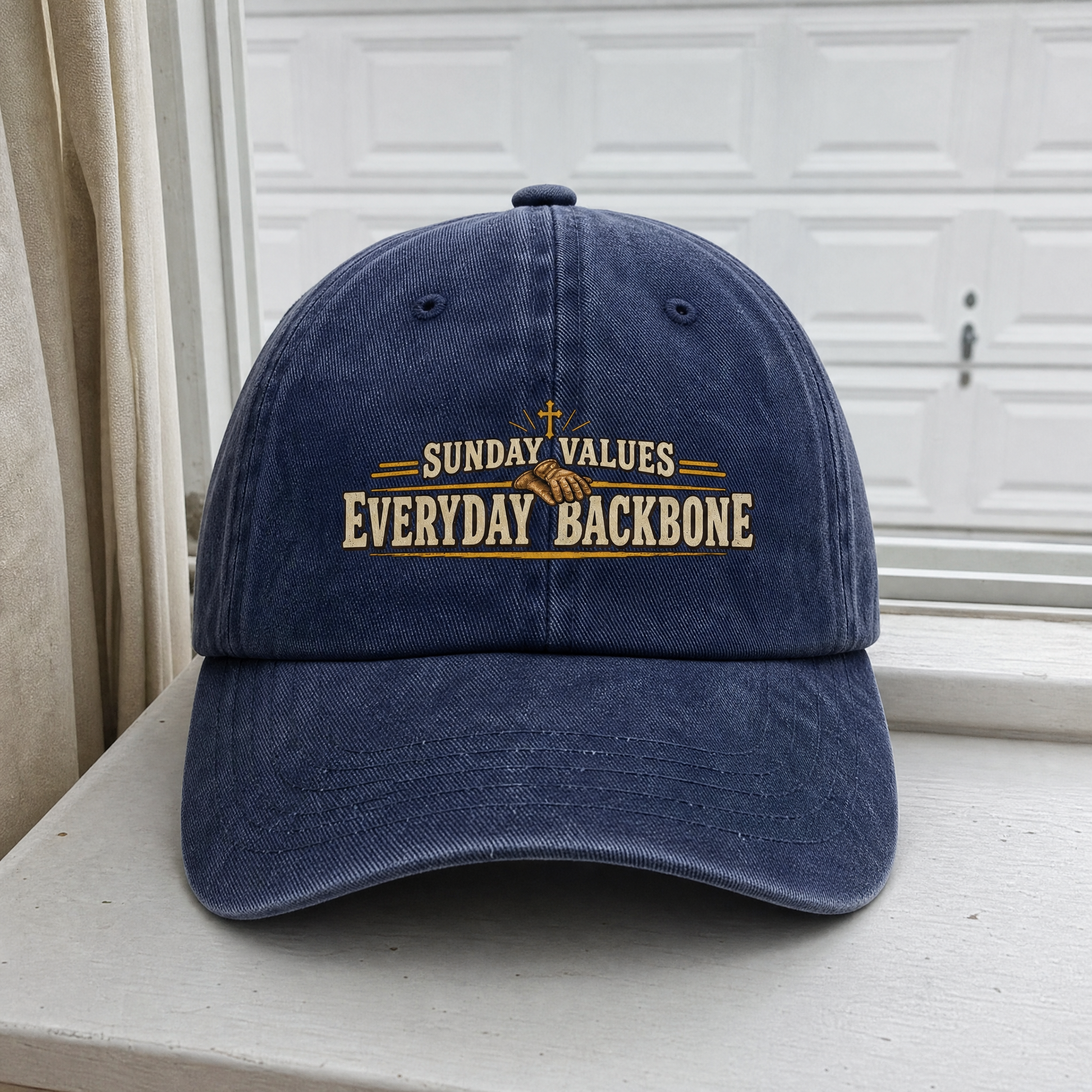 Blue vintage washed cap with printed Sunday Values Everyday Backbone slogan front view