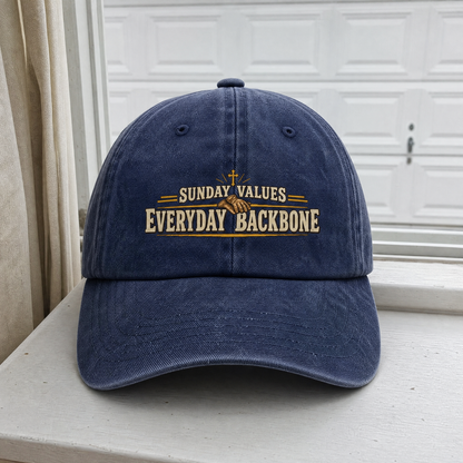 Blue vintage washed cap with printed Sunday Values Everyday Backbone slogan front view