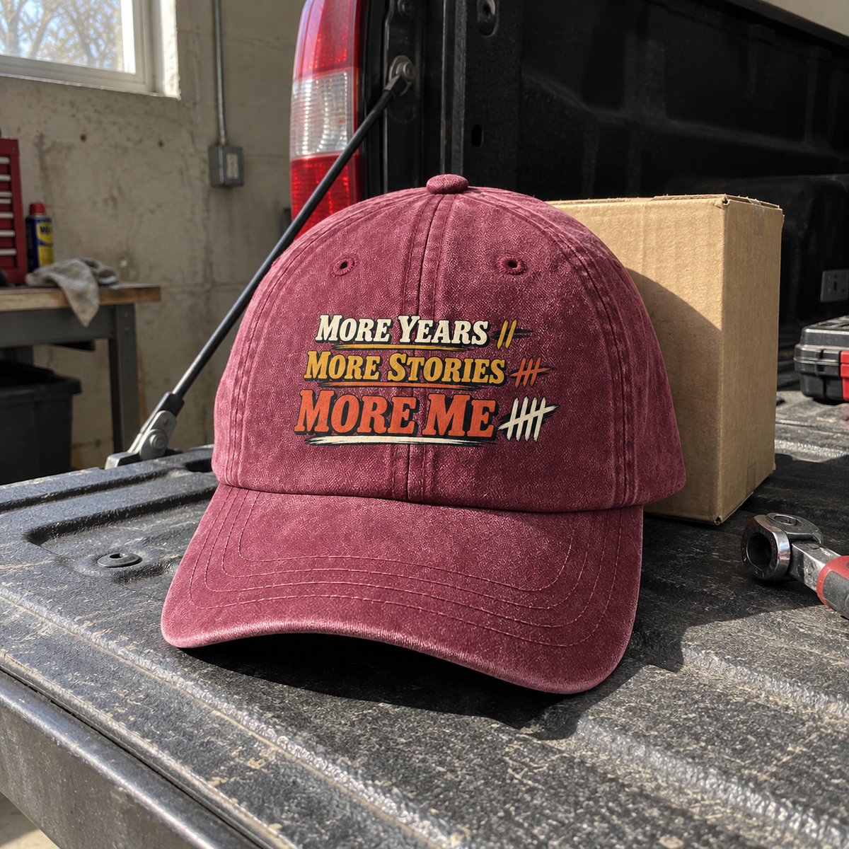 Burgundy vintage washed cap with printed More Years More Stories More Me slogan