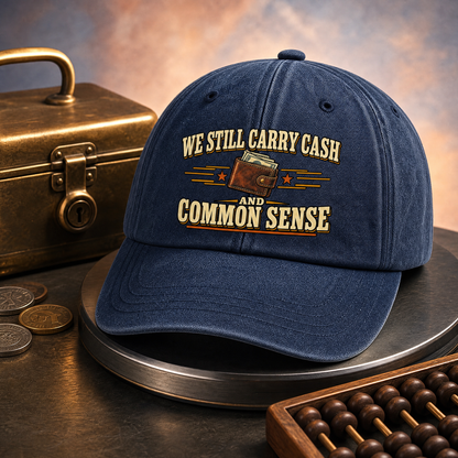 Navy vintage washed cap with printed We Still Carry Cash slogan front view