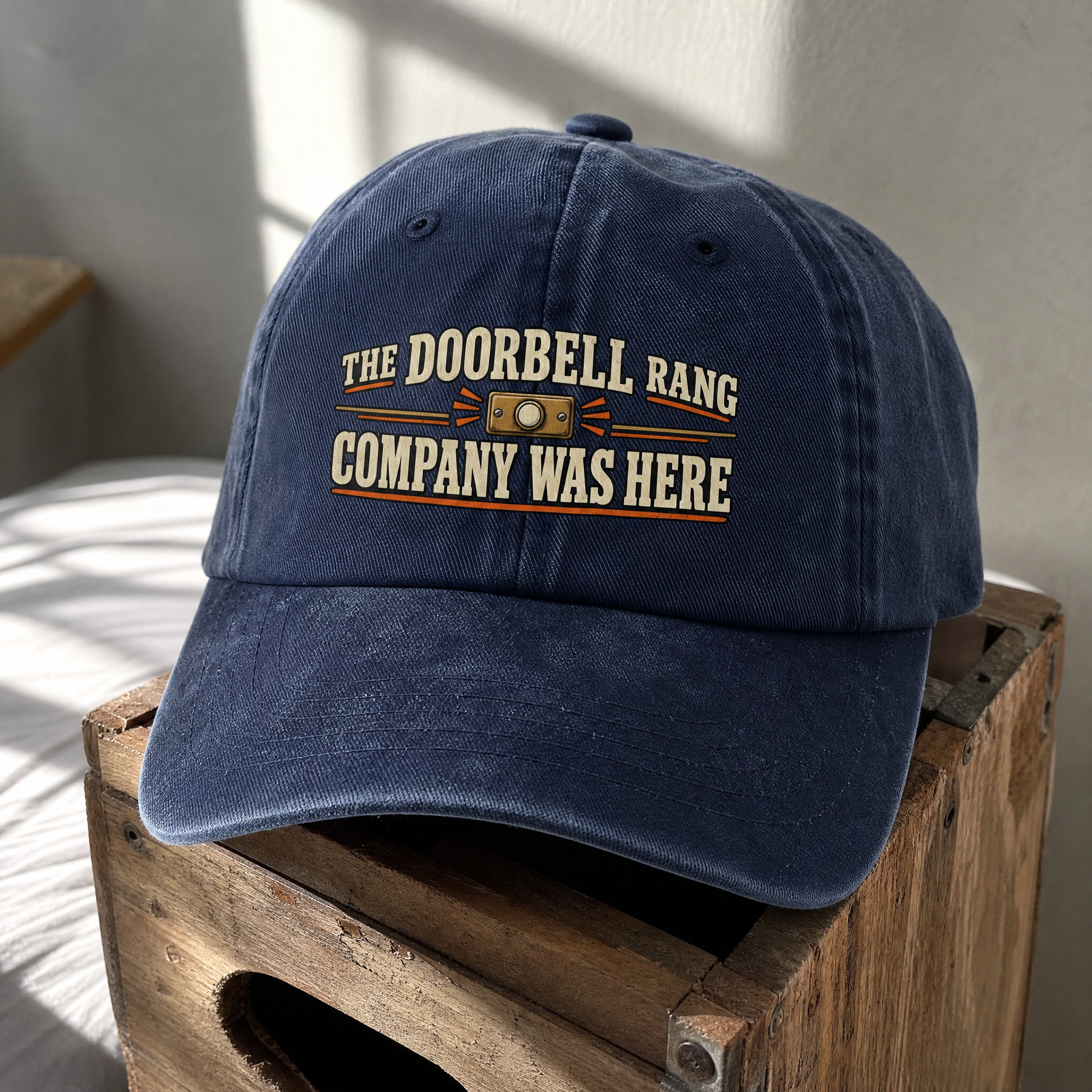 Navy vintage washed cap with printed The Doorbell Rang Company Was Here slogan front view