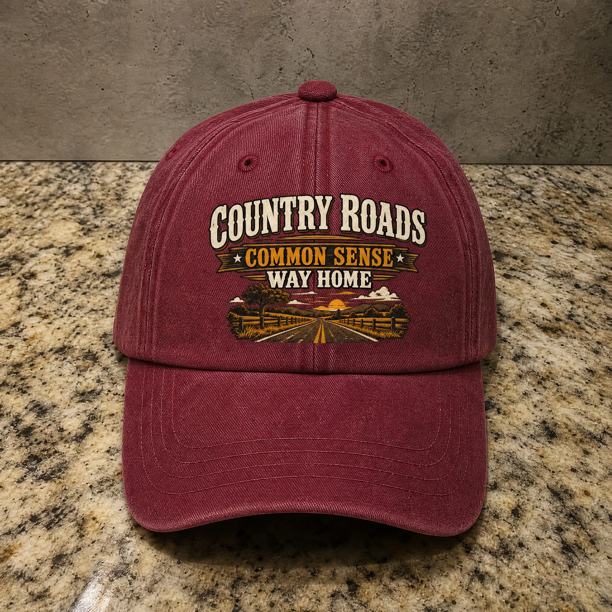 Burgundy vintage washed cap with printed Country Roads Common Sense Way Home design, front view