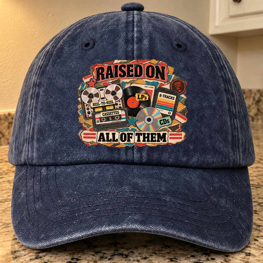 Navy vintage washed cap with printed Raised On All Of Them music formats design