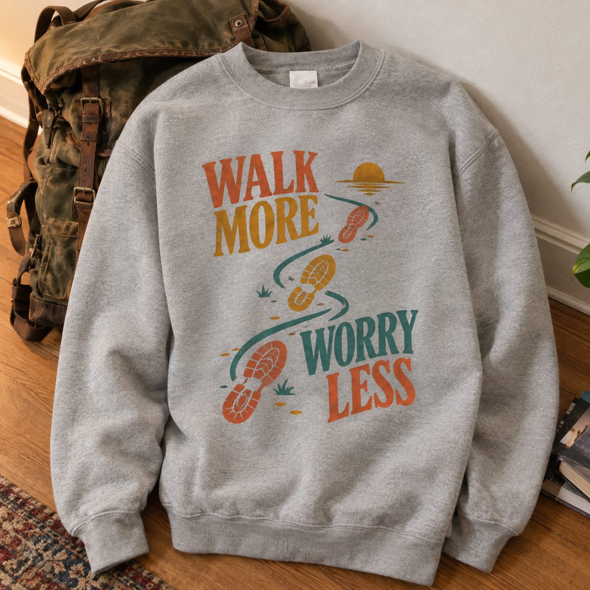 Gray vintage sweatshirt with printed Walk More Worry Less slogan and hiking footprints, hero view.