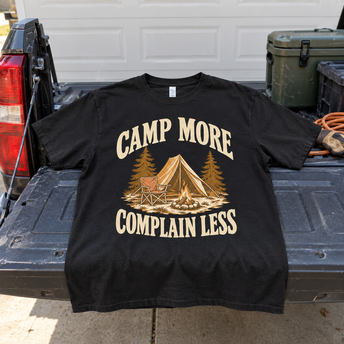 Black vintage t-shirt printed with Camp More Complain Less camping design, shown flat on truck bed