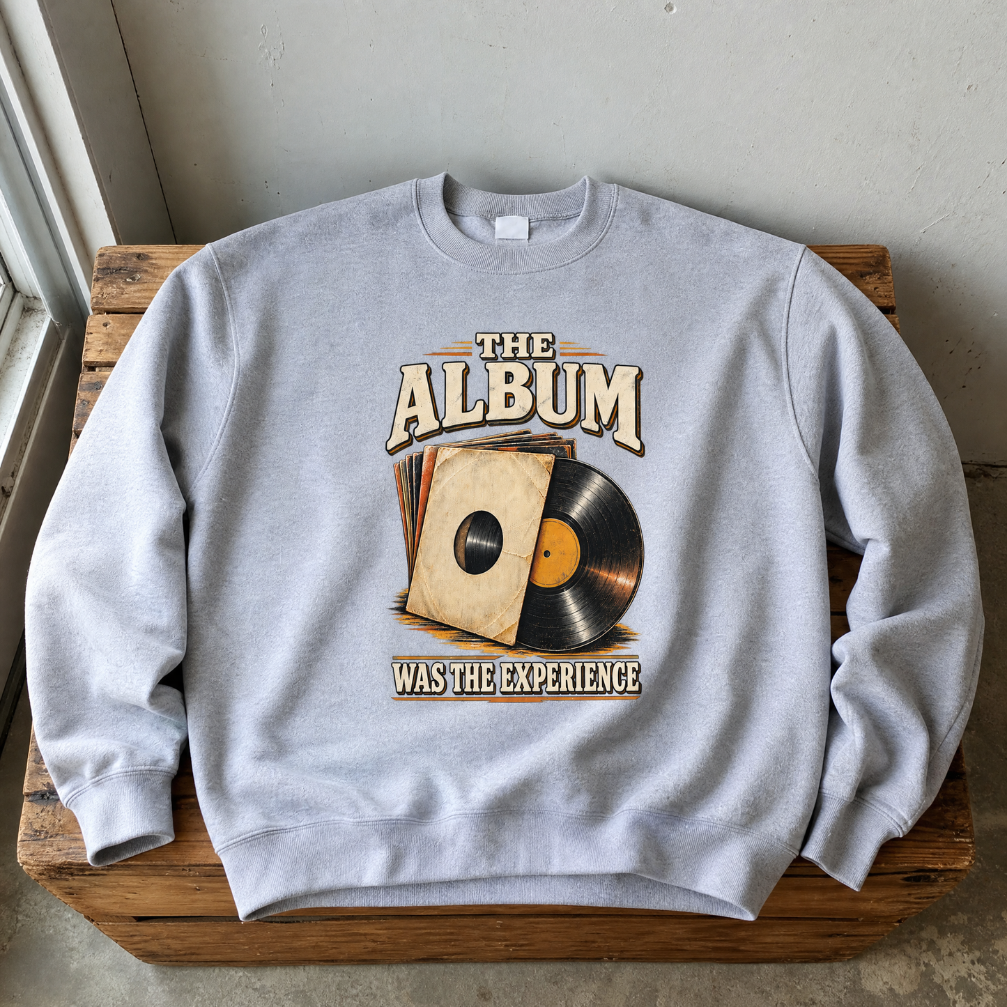Gray vintage sweatshirt with printed “The Album Was The Experience” vinyl record graphic