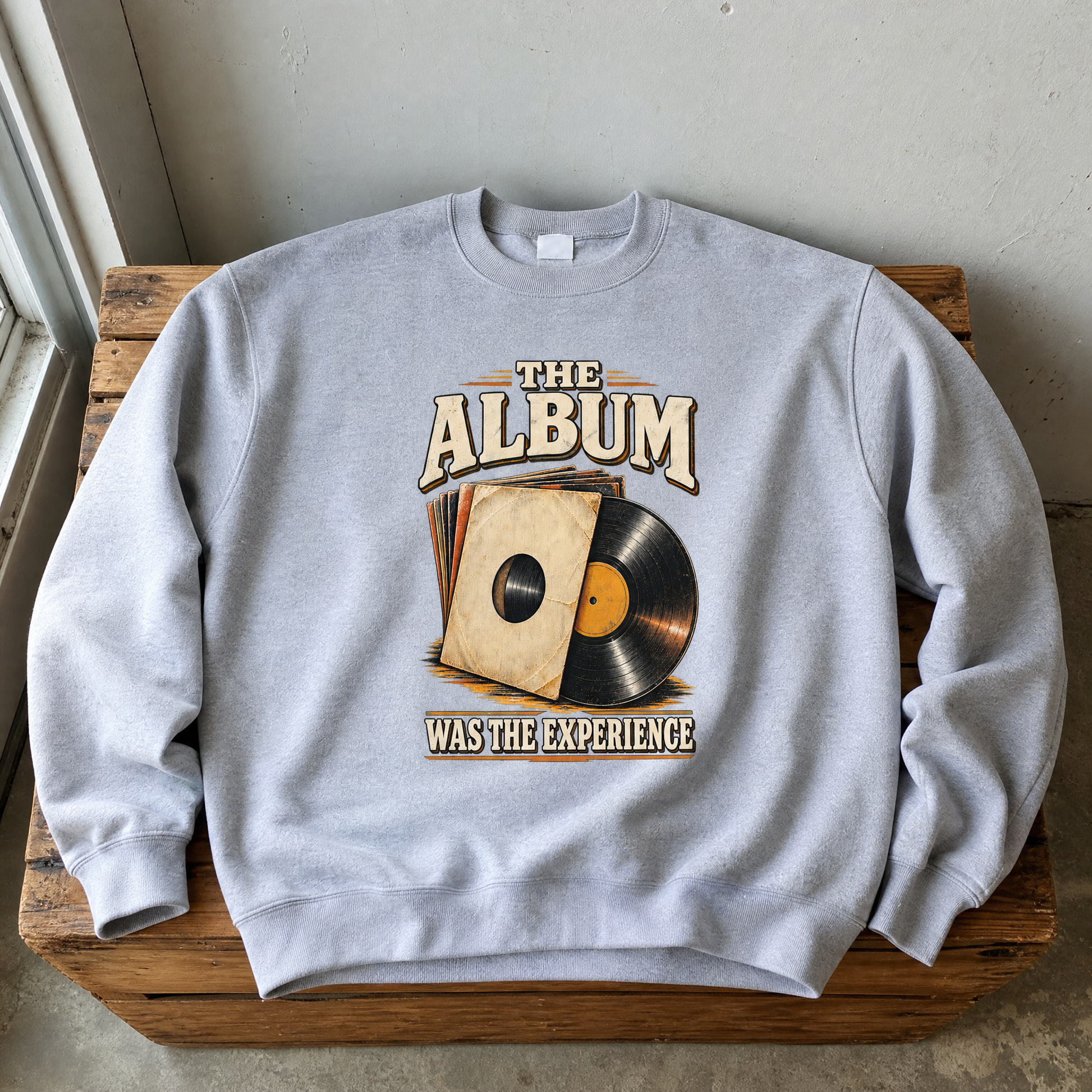 Gray vintage sweatshirt with printed “The Album Was The Experience” vinyl record graphic