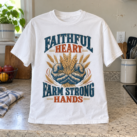 White vintage t-shirt with printed Faithful Heart Farm Strong Hands wheat design, front view.