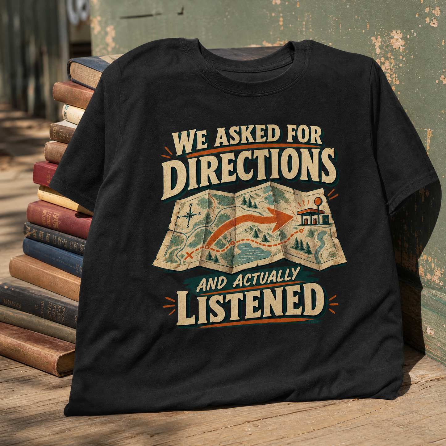 Vintage t-shirt with printed “We Asked For Directions And Actually Listened” slogan, front view